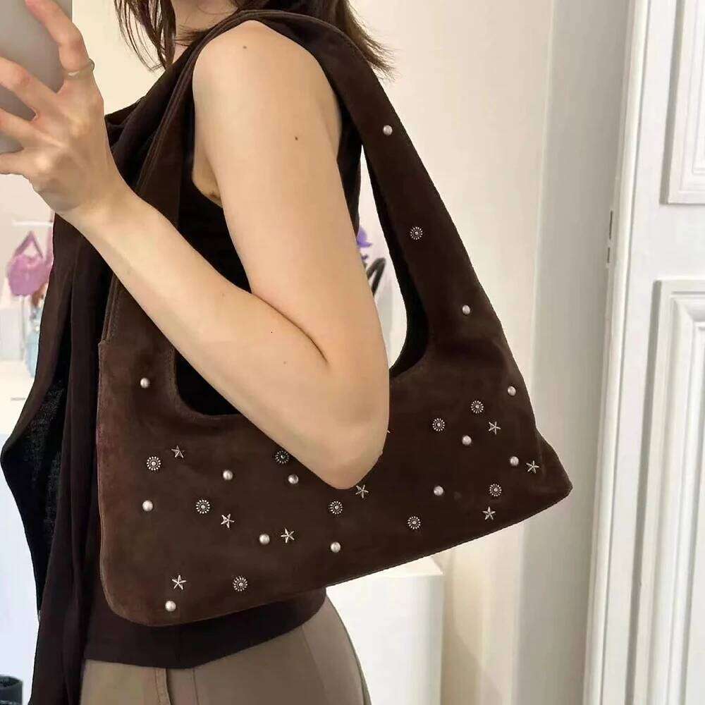 Vintage Frosted Shoulder Bag Half Moon Rivet Tote For Women Faux Suede Handbags And Purses Autumn Winter Hobos Cloud Bags