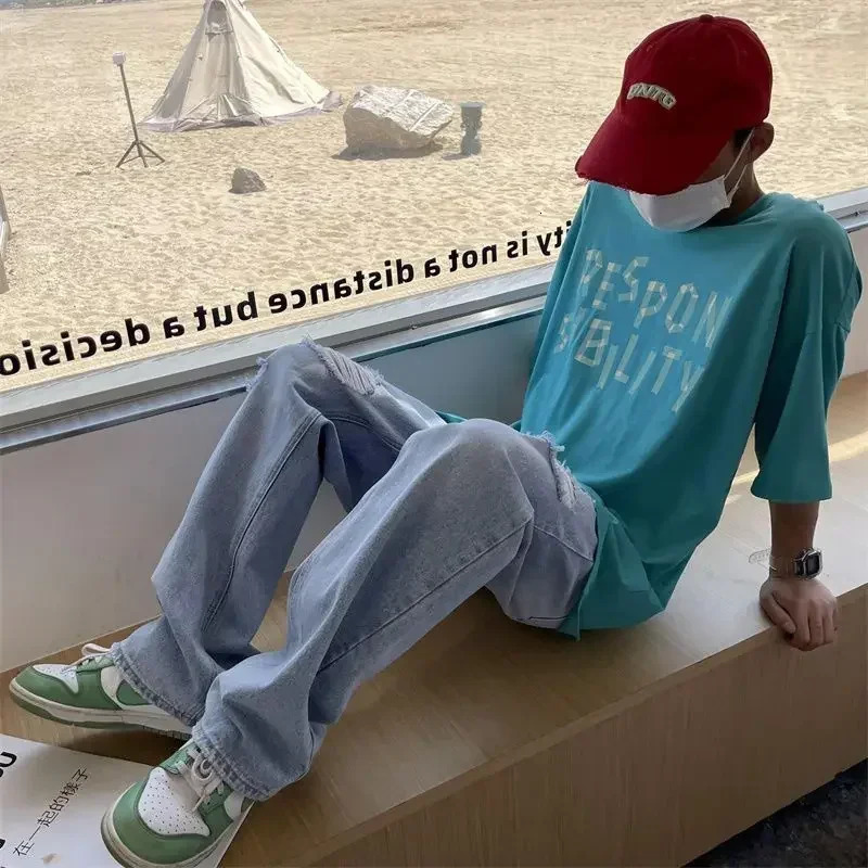 Mens Jeans Broken Black Torn Man Cowboy Pants Ripped Trousers Straight with Holes Clothes Y2k 2000s Summer High Quality Baggy 250618