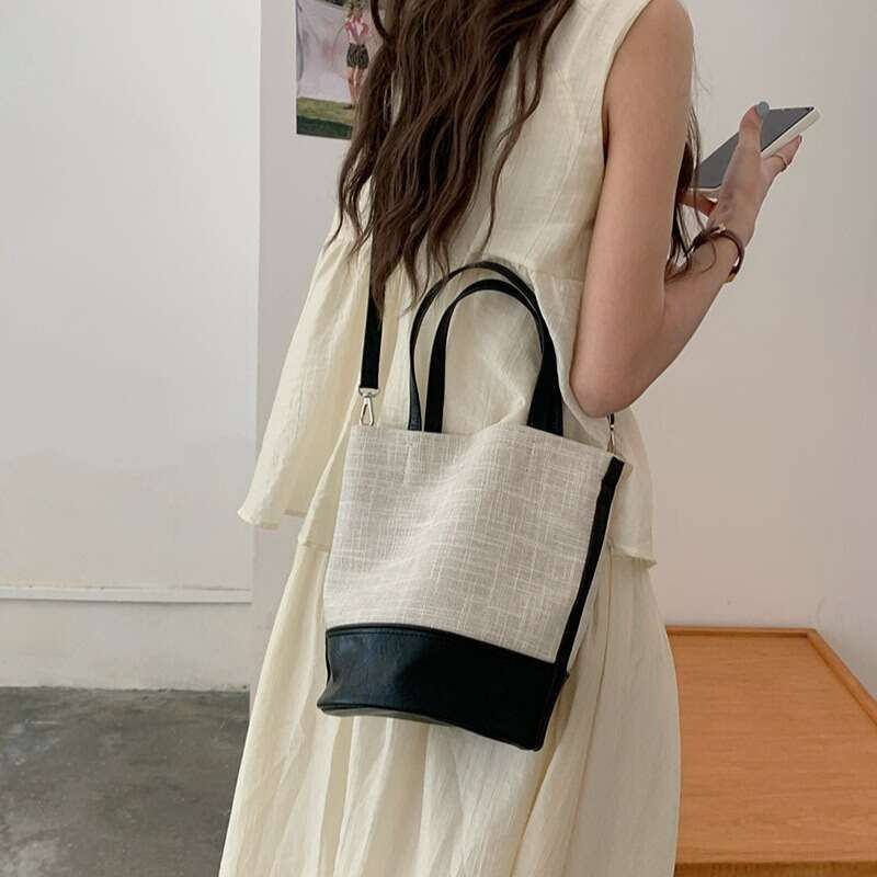 Korean Niche Handbag New Summer Women's Canvas Color Block Versatile Bucket Commuter Large Capacity Shoulder Crossbody Bag