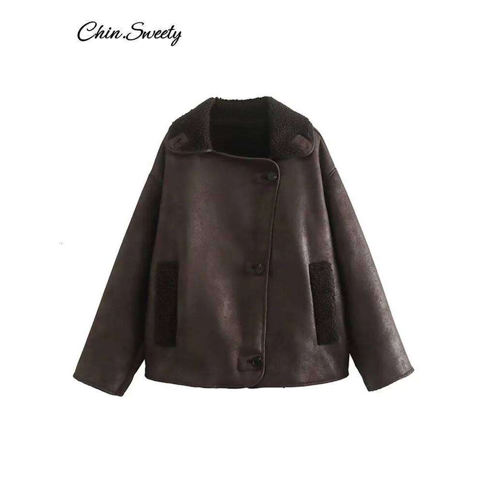 Vintage Women's Leather Loose Thick Warm Lapel Single Breasted Long Sleeve Fleece Jacket 2024 Fall Winter Street Outwear