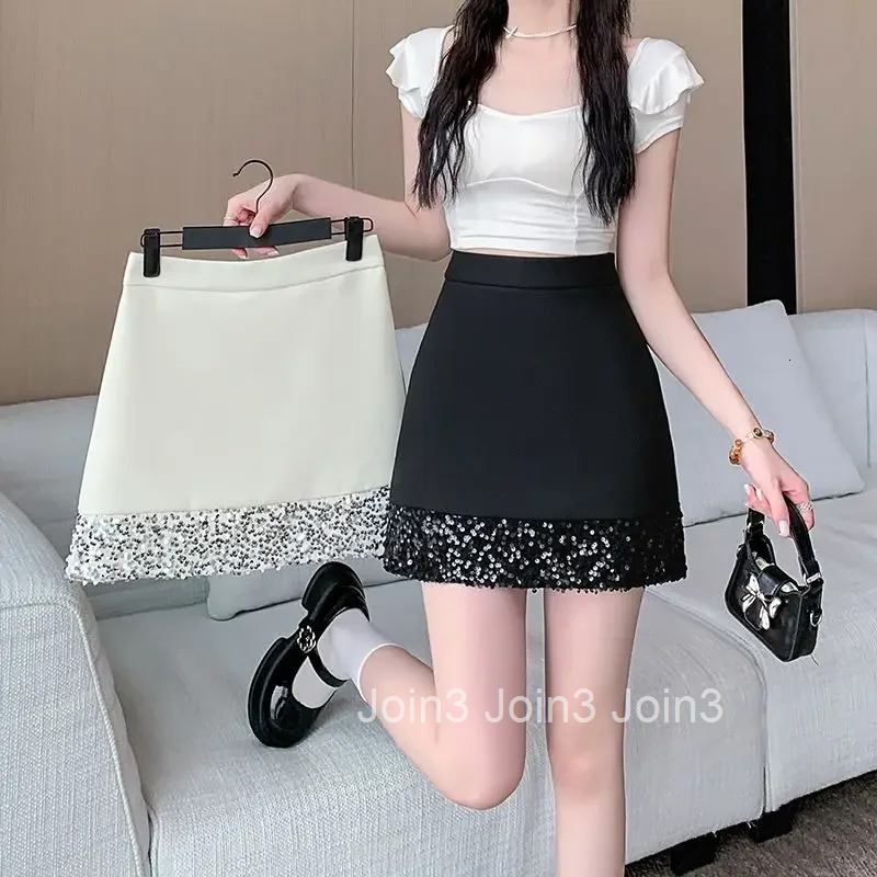 Tight Skirts for Women High Waist Black Patchwork Sequin Wrap Korean Style V Fashion Streetwear Summer 2025 Cheap Woman Skirt