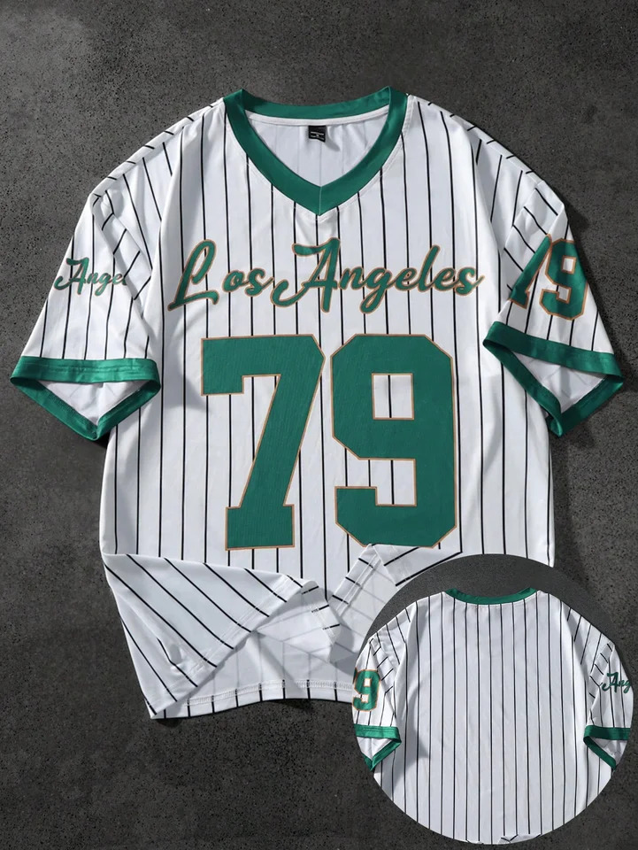 College print mens sweatshirt Vneck black shortsleeved shirt Retro fashion baseball style 250618