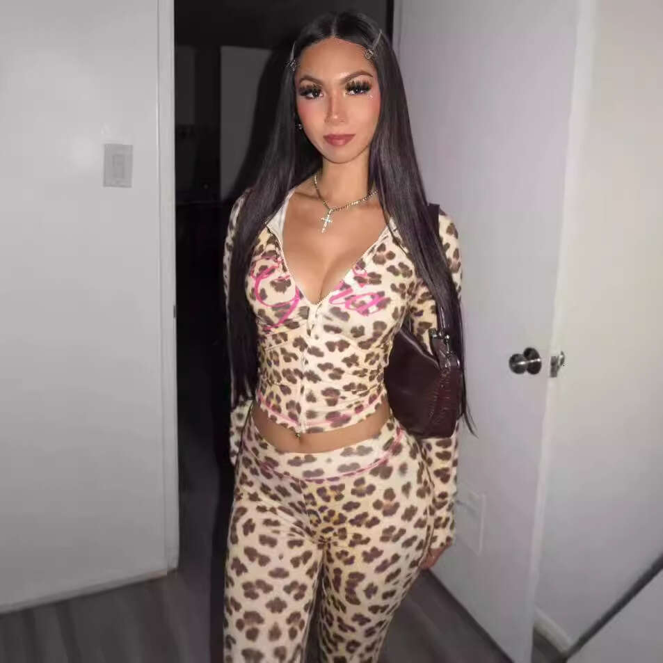 Autumn New Casual Versatile Sexy Leopard Print Hooded Long Sleeve Cardigan Top And Pants Set B5