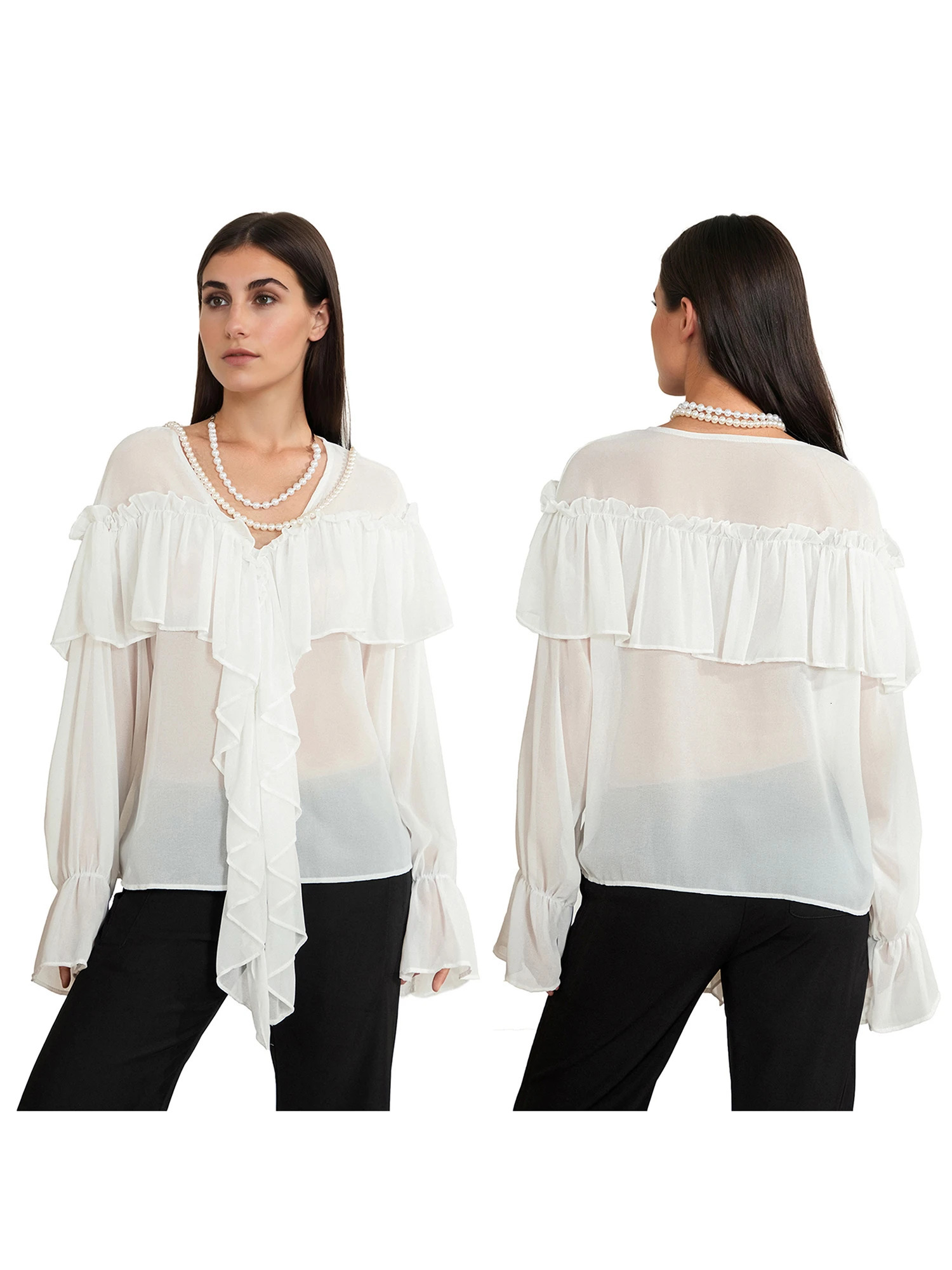 Elegant Womens VNeck Chiffon Blouse with Ruffles Long Sleeve Solid Color Loose Casual Top for Spring Streetwear Fashion 250617