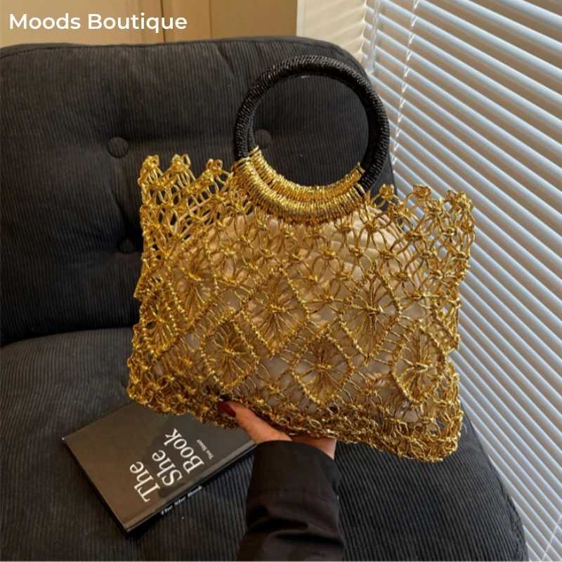 MOODS Handmade Woven Design Round Handle Handbags For Women Eco-friendly Craft Paper Hollow-out Designer Top-handle Bags Z250618