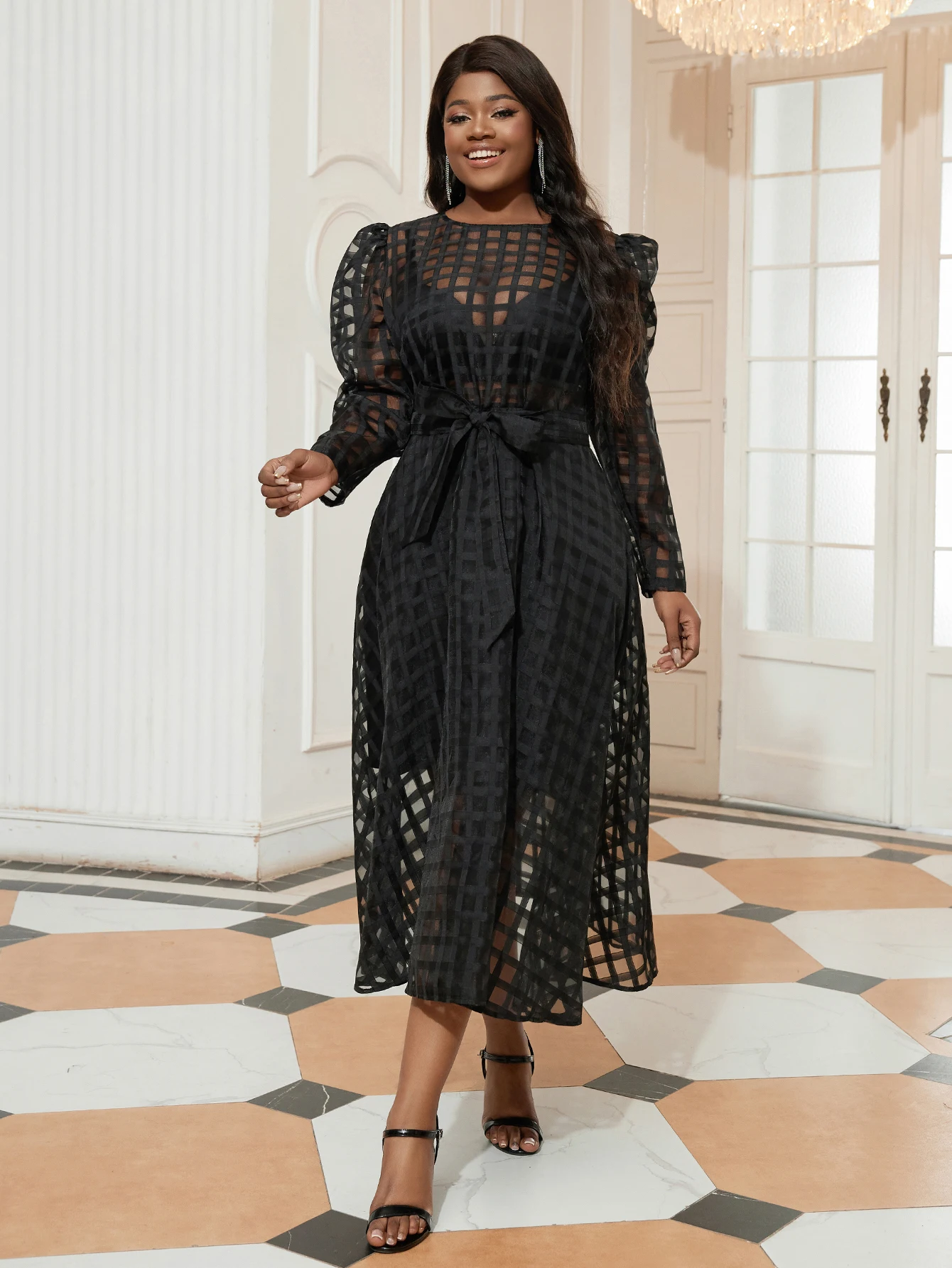 Black Sexy See Through A-line Dress Women's Plus Size Loose Casual Sashes Up Plaid Vacation Prom Party Traval