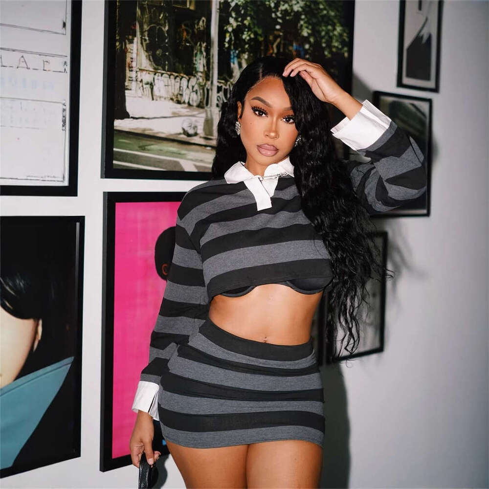 New Fashion Striped Color-Block Short Crop Top With Long Sleeves And Turn-Down Collar, Bodycon Skirt Set B5