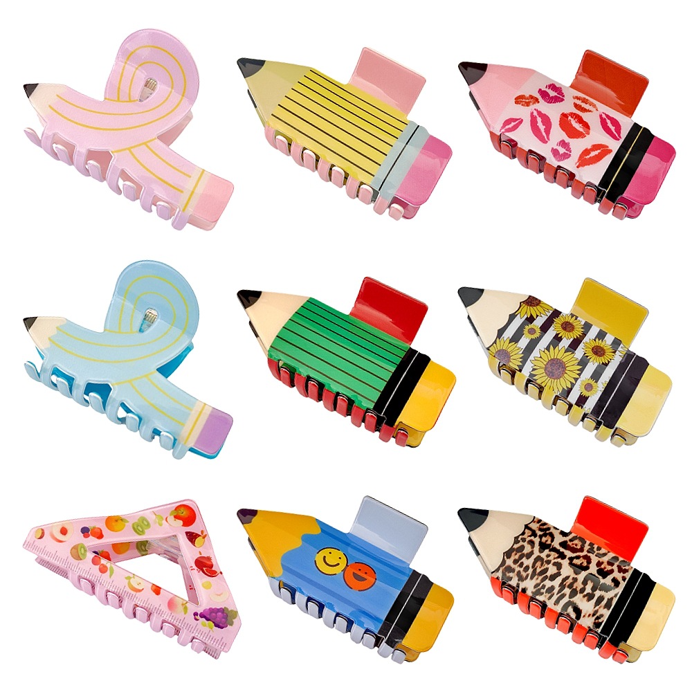 Cute Large Acrylic Pencil Design Hair Claw Clips Fashion Cartoon Book Printed Ponytail Hair Grip Hair Pins
