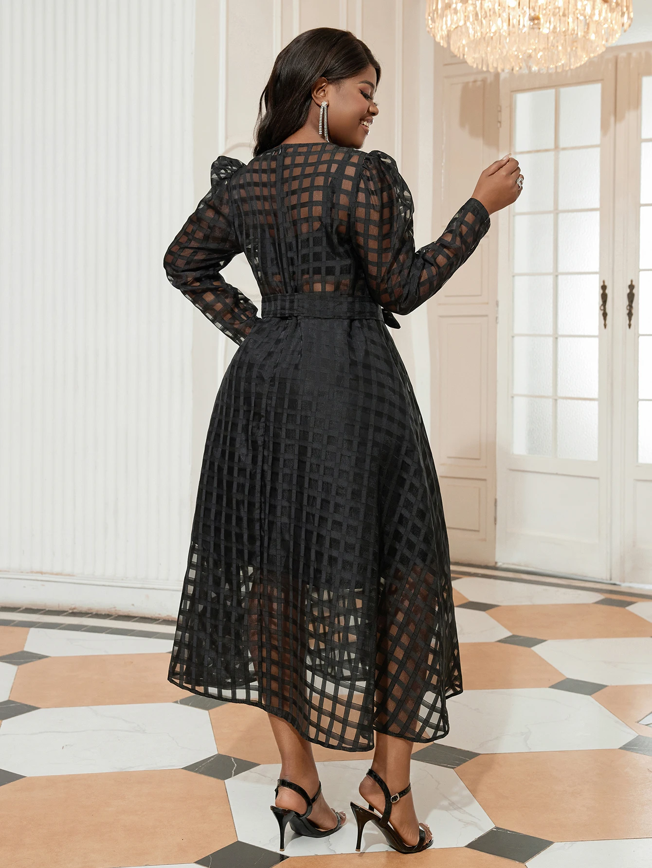 Black Sexy See Through A-line Dress Women's Plus Size Loose Casual Sashes Up Plaid Vacation Prom Party Traval
