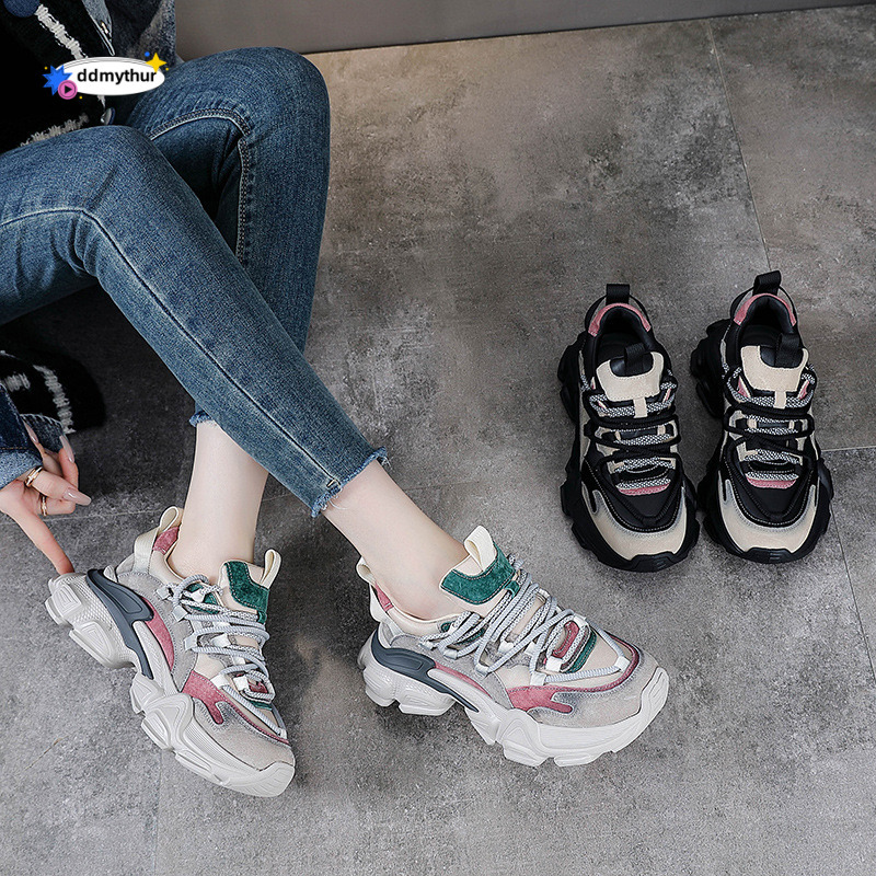 Top Layer Cowhide Dad 2025 Spring and Autumn New Platform Thick Sole Height Increasing Casual Sports Shoes for Petite Women ddmythur