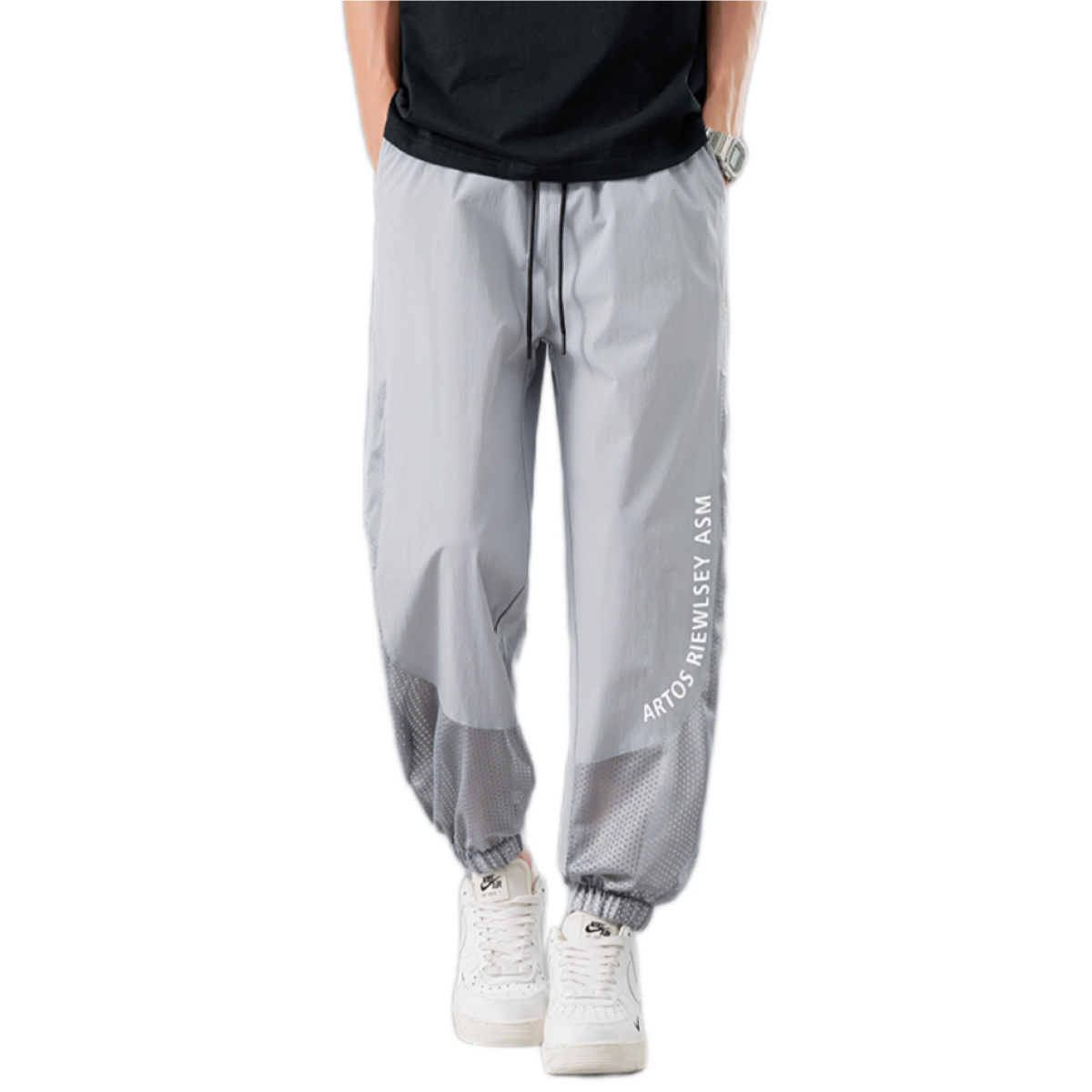 Men's Ice Silk Mesh Hollow Casual Pants - Summer Thin Streetwear Plus Size: Loose Ankle-Tied Breathable Sports Long Trousers