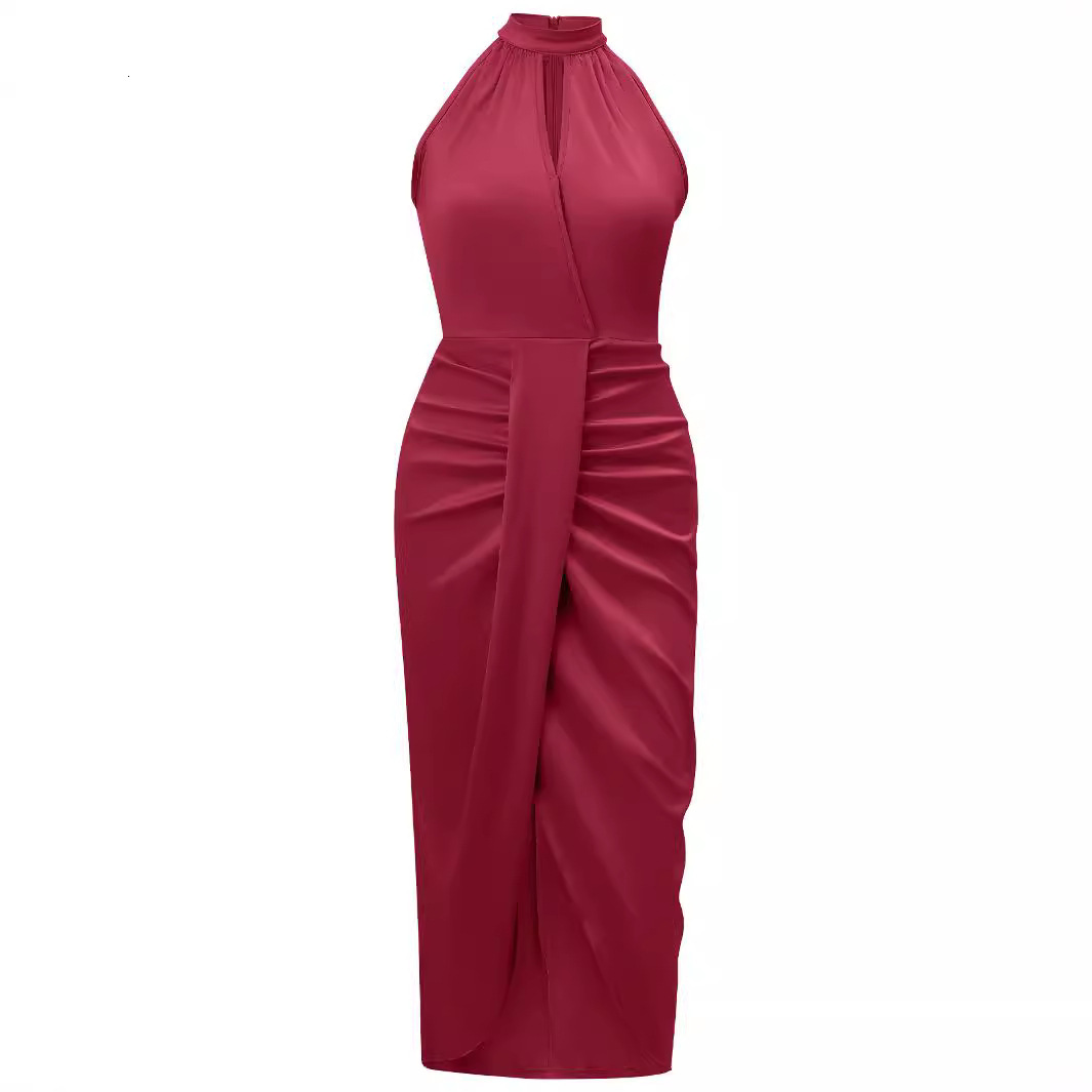 Leisure Sexy Womens Wear 2024 Summer Sleeveless Hanging Neck Solid Color Slim Fit Dress