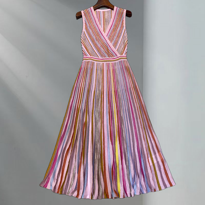 Designer New Women's Sequin Maxi Vest Dresses Summer Fashion Runway V-Neck Waist-Defining Striped Gown Two Colors Elegant Classic Luxury Clothes 