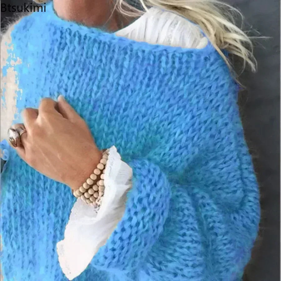 Womens Lantern Long Sleeve Knitted Sweater Fluffy Fuzzy Mohair Pullover Top Chunky Knit Solid Oversized Loose Jumper Tops 250614