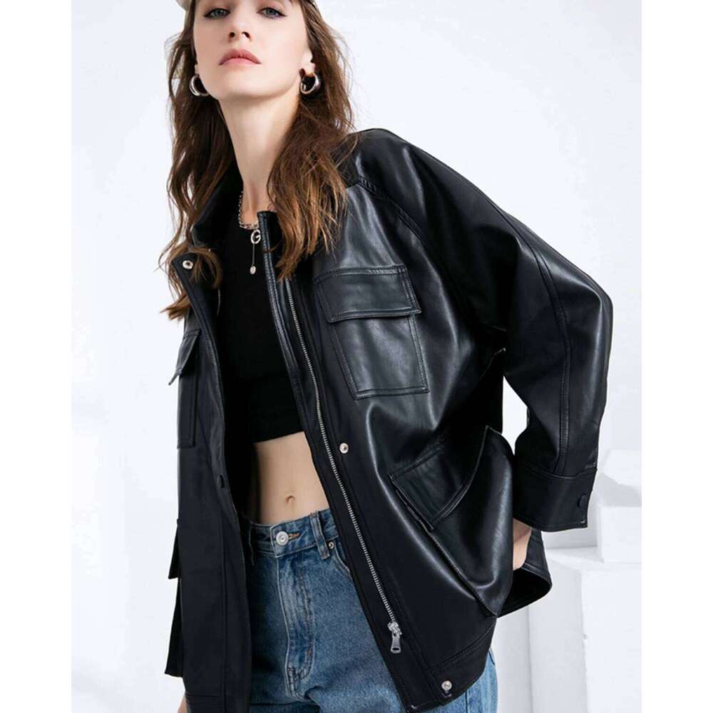 Fitaylor Women PU Jacket Vintage Lapel Zipper Faux Leather Coat High Street Motorcycle Outwear with Belt