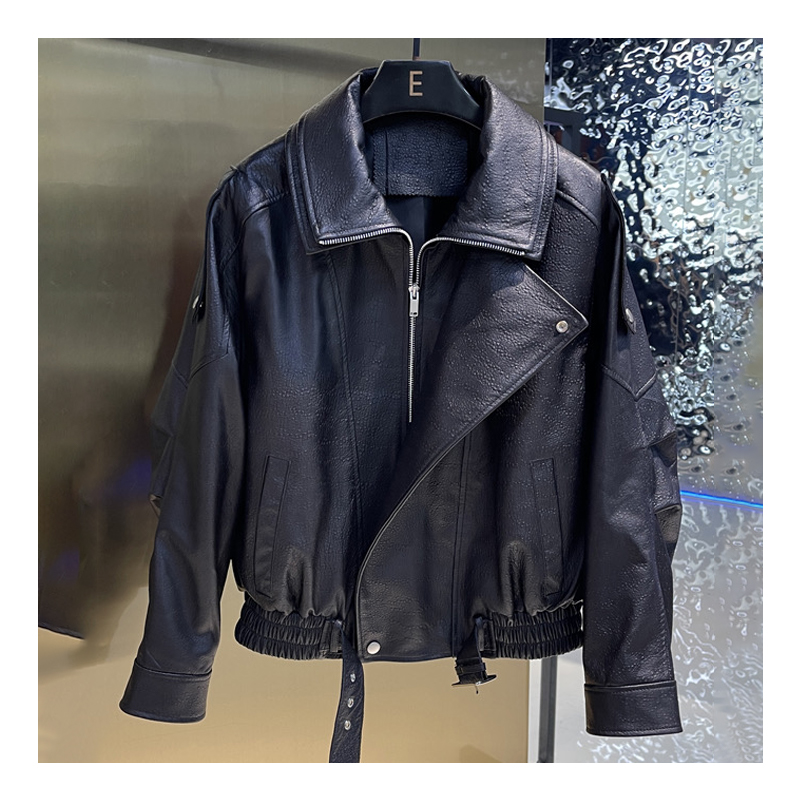 Cross border leather jacket, women's spring and autumn short style motorcycle style PU leather lapel jacket, slim fit leather jacket