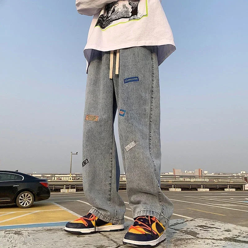 Jeans for Men with Print Trousers Graphic Hip Hop Male Cowboy Pants Light Blue Y2k Streetwear Aesthetic Harajuku Baggy Xs 250617
