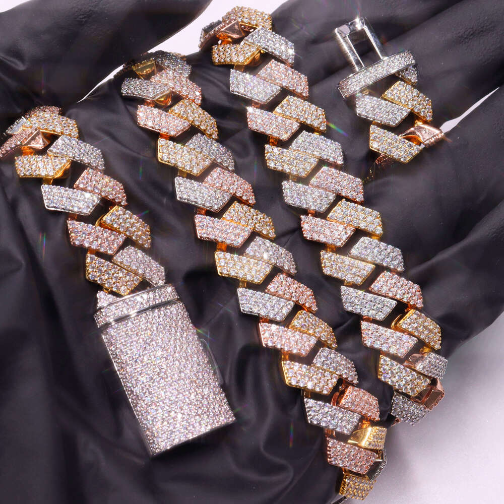 Wholesale Vvs Moissanite Three Color Rose Gold Silver Gold Plated Miami 13mm Cuban Link Chain for Men Women