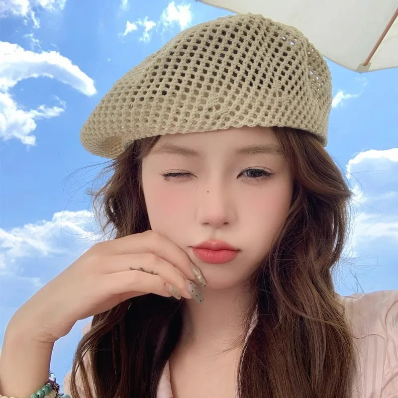 Korean Straw Woven Berets for Women Summer Thin Hollow Mesh Painter Cap Solid Color Breathable Female Lady Pumpkin Hats 250604