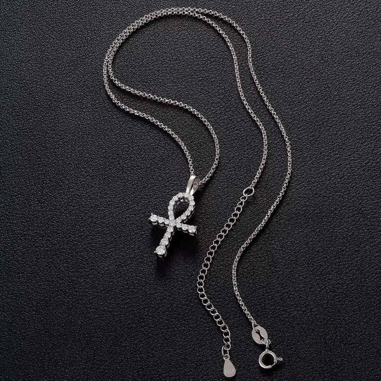New Arrival European Vintage Egyptian Jewelry Sterling Silver Hip Hop Ankh Cross Pendant Moissanite Necklace Pendants Charms