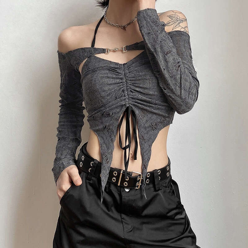 Summer New Women's Solid Color Slim Fit Crop Top Fashion Ruched Halter Neck Off-Shoulder T-Shirt B5