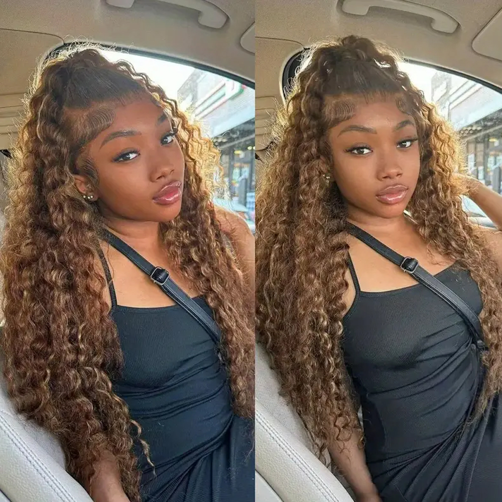 Highlight Deep Wave Invisi-Strap 360 Full Lace Wig Human Hair Pre Plucked 250 Density Lace Wig Colored HD 360 Lace Frontal Wig 36 Inch Glueless Wigs