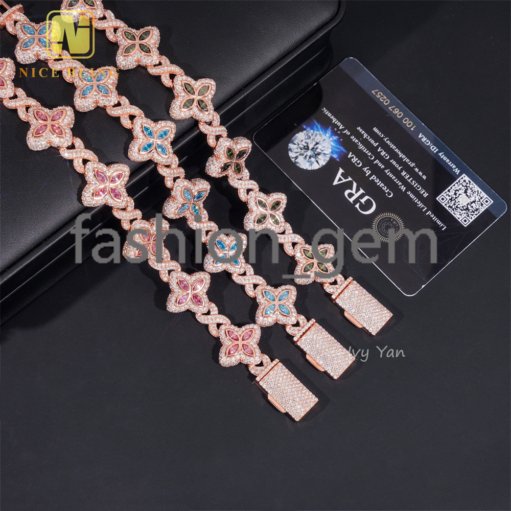 Rich Color Luxury Flower Design 18mm Custom Iced Out Hip Hop Unisex Jewelry Cuban Link Chain 925 Silver VVS Moissanite Bracelet