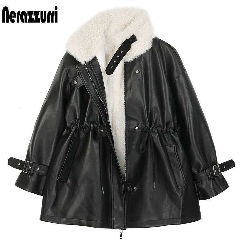 Nerazzurri Thick warm black leather jacket with inside long sleeve zipper Winter faux fur lined coats for women Fashion