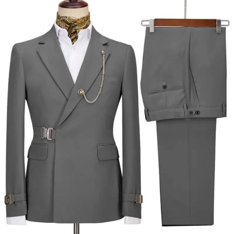 2 Pieces Green Belt Double Breasted Mens Coat Pant Latest Design Wedding Suits Groom Prom Tuxedos Blazer Set