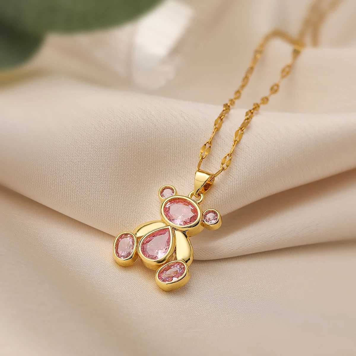 Stylish Cute Bear Pendant Necklace For Women Girl Delicate Cubic Zirconia Accessories Stainless Steel Chain Jewelry Valentine W250618