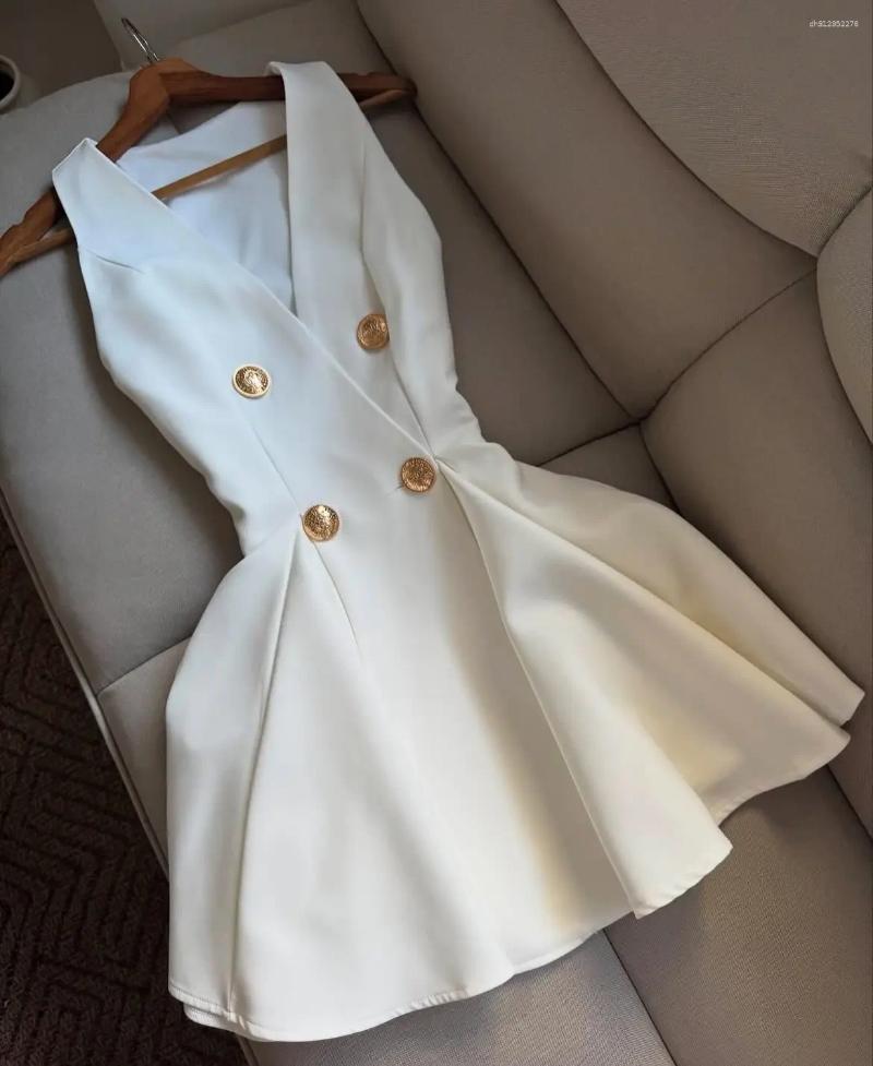 Designer Casual Dresses Women Elegant Sexy Deep V-neck Luxury Slim Dress Black White Button Mini Short Satin Evening Summer Pleated Skirt