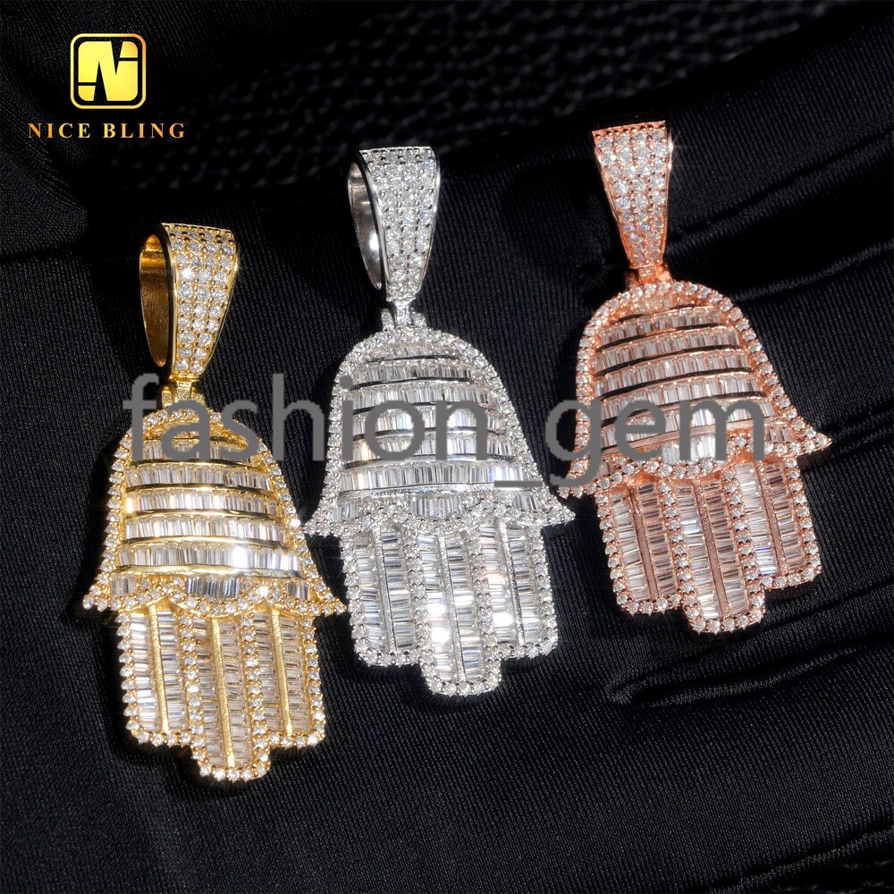 Iced Out Baguette Moissanite Hand Pendants 925 Silver Hip Hop Jewelry VVS Moissanite Diamond Hamsa Hand Pendants