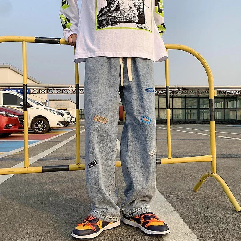 Jeans for Men with Print Trousers Graphic Hip Hop Male Cowboy Pants Light Blue Y2k Streetwear Aesthetic Harajuku Baggy Xs 250617