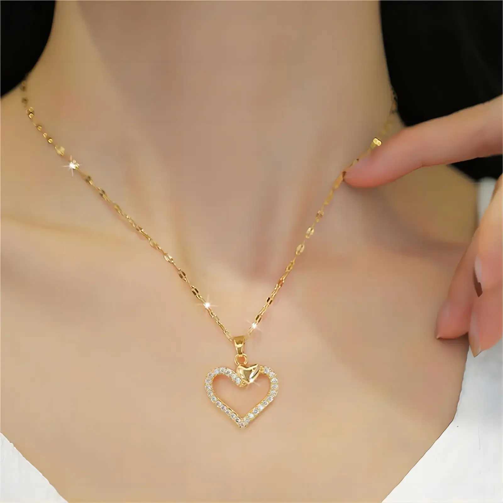 Trendy Heart Stainless Steel Zirconia Necklaces For Women Girls Love Gold Color Metal Necklace Party Birthday Daily Jewelry W250618