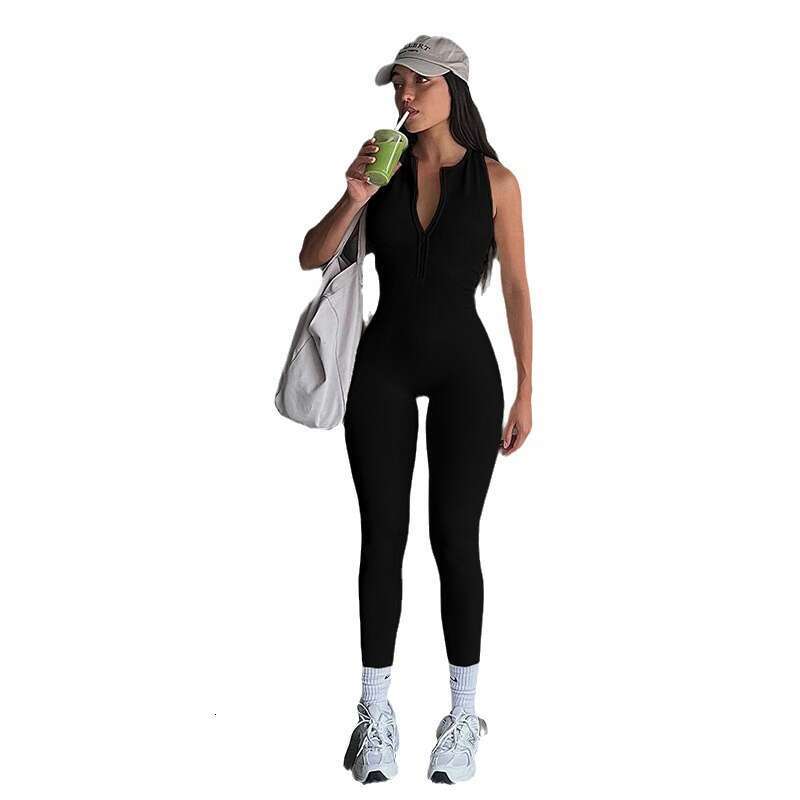 Fashion Style Sports Women's Solid Color Yoga With Zipper, Patchwork, Hollow Out, Backless, Tight-Fitting, Sleeveless, One-Piece Long Pants B5
