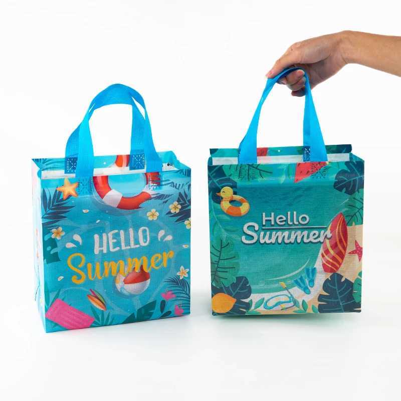 Summer Brother Holiday Portable N Woven Portable Shopping Gift Bags Beach Kids Games Surfing Toys Snacks Theme 12pcs B250618