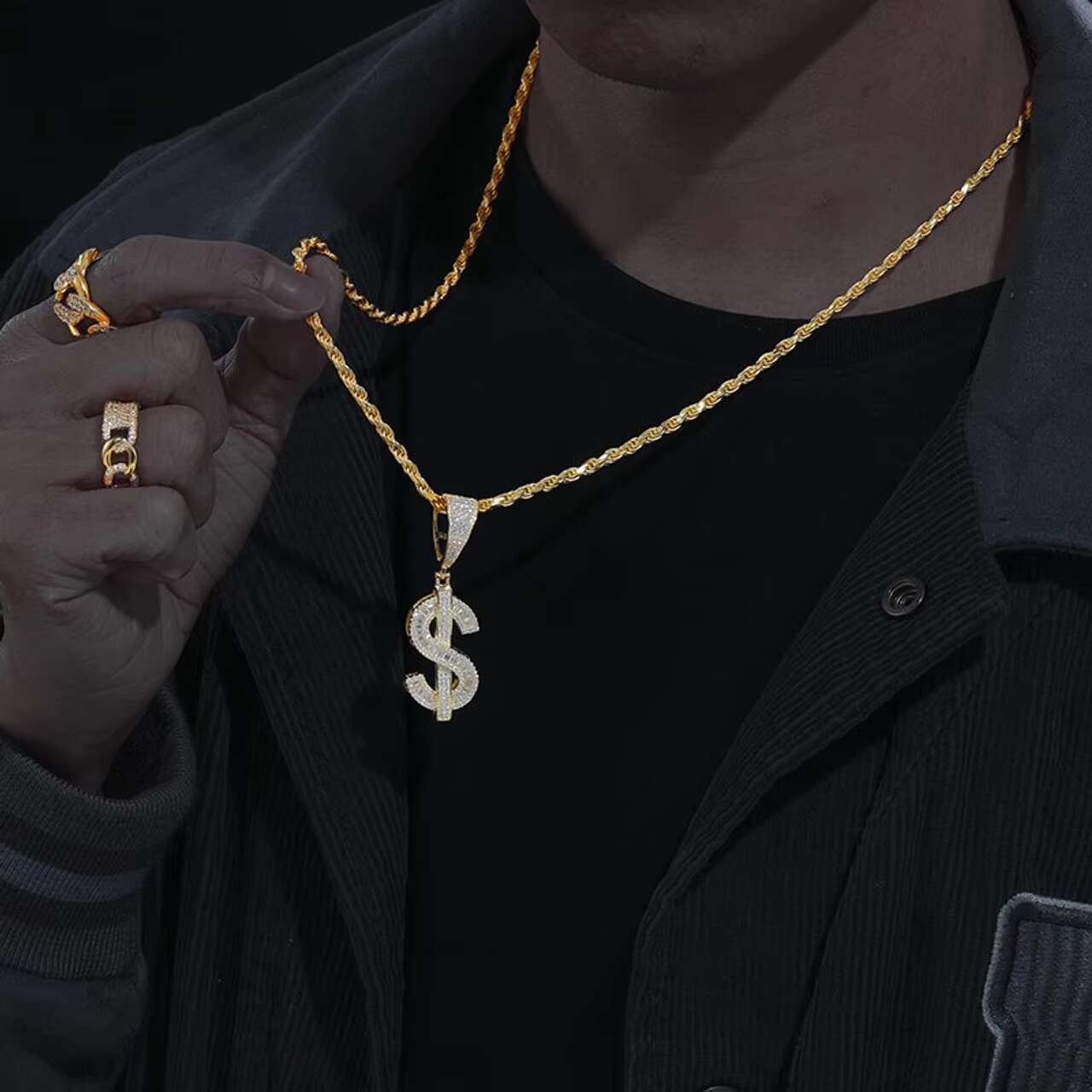 Solid 925 Silver Hip Hop Style Moissanite Pendants Charms New Design Blinged Baguette Dollar Sign Pendant Chain Necklace Comes