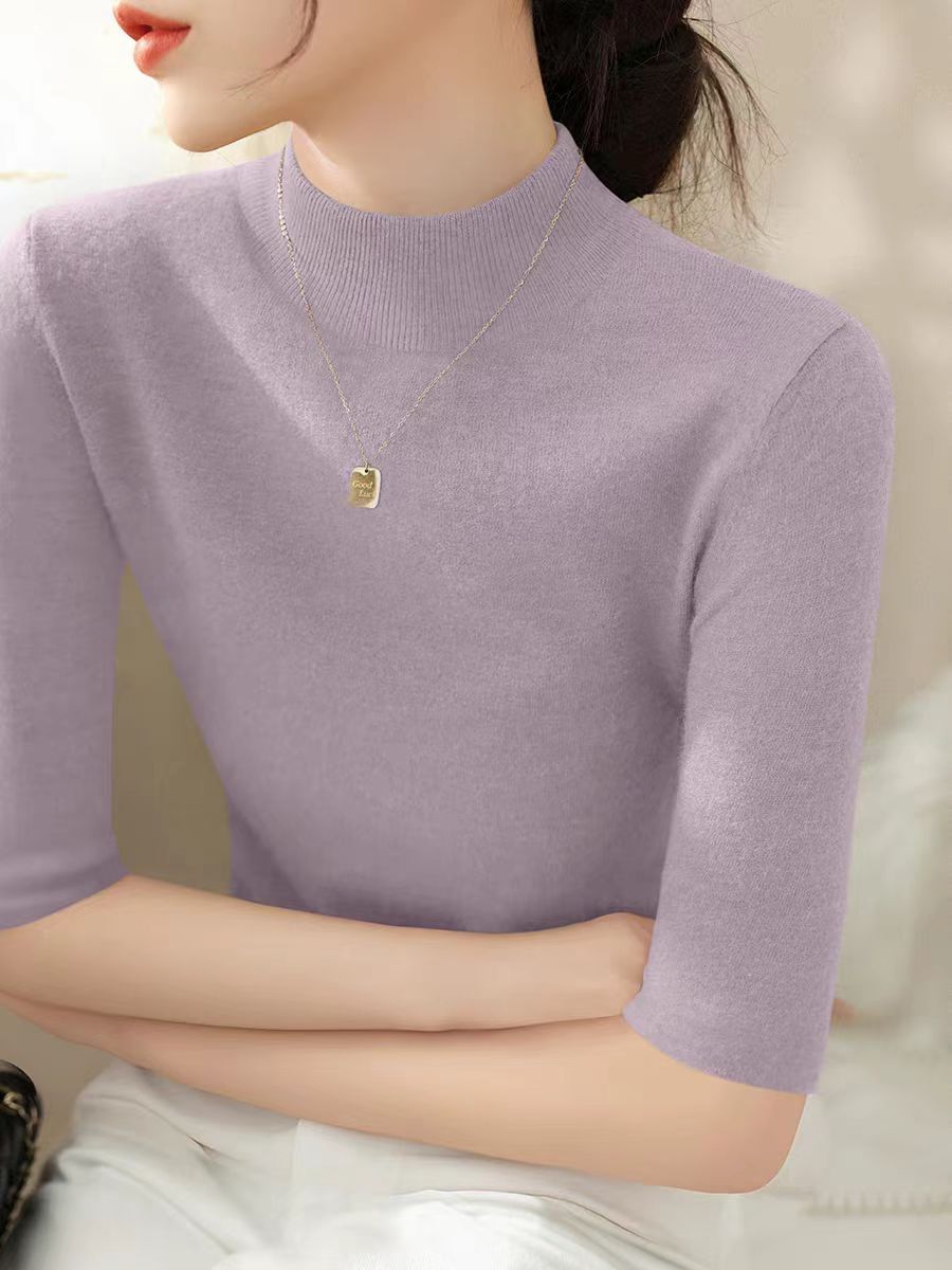 Spring and Autumn Women's T-shirt simple French temperament solid color five-quarter sleeve bottoming shirt