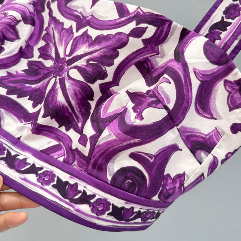 Luxury Women's Purple Printed 100% Cotton Bralette Fashion Runway Sleeveless Crop Top Beach Resort Classic Clothing S0649