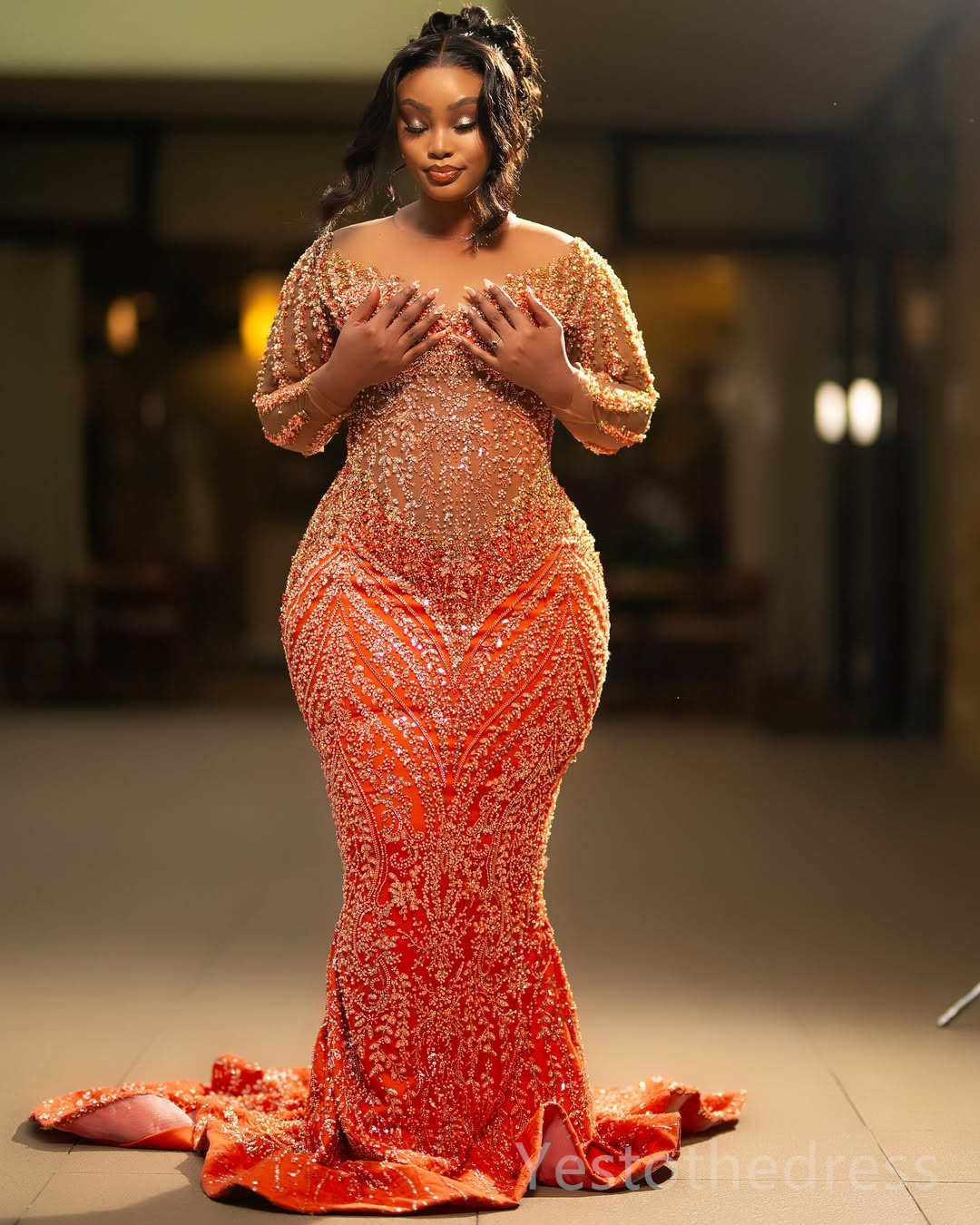 2025 Plus Size Aso Ebi Prom Dress Mermaid Prom Dresses Evening Formal Gowns Sheer Neck Illusion Long Sleeves Beaded Lace Birthday Dress Second Recepti