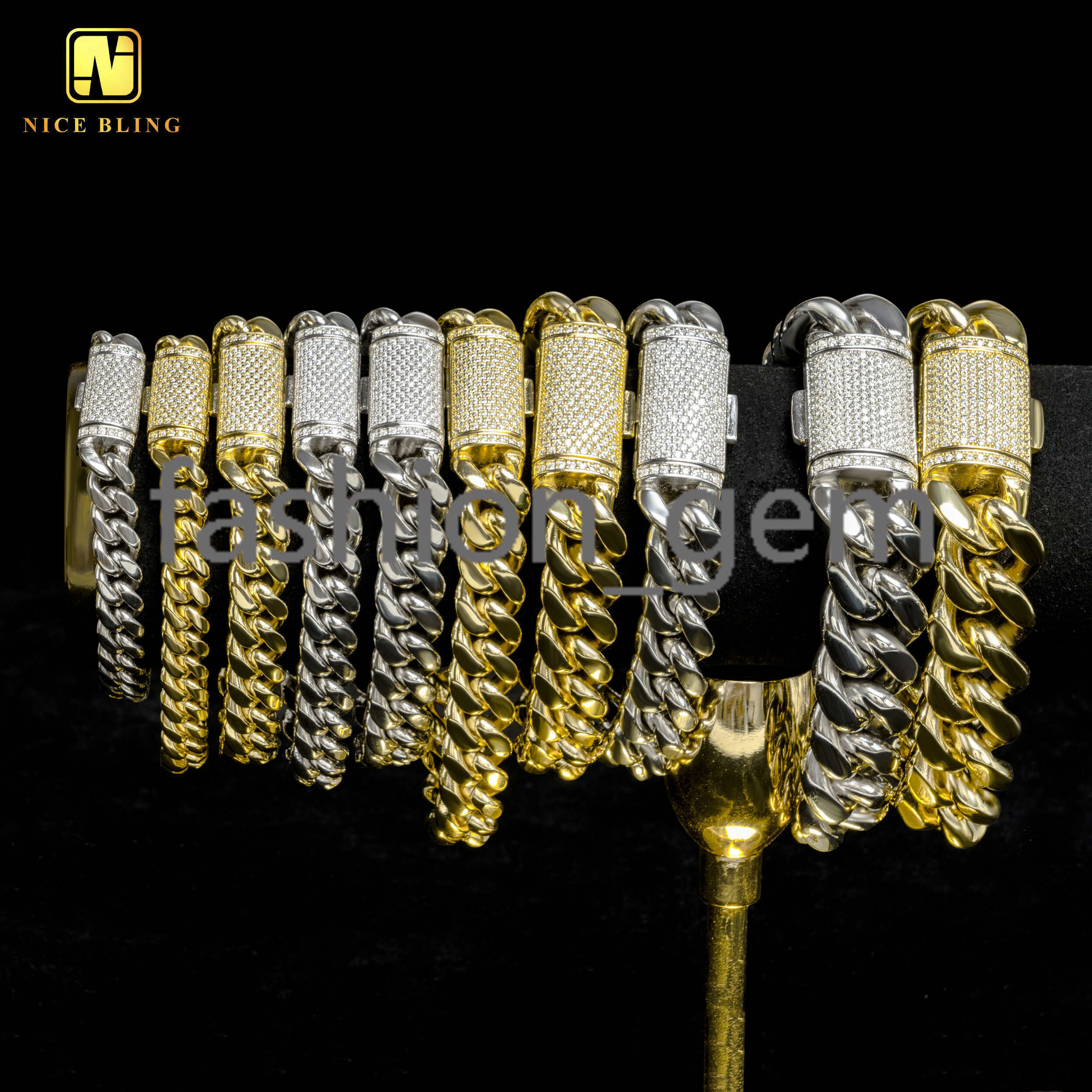 Hip Hop Iced Out Moissanite Diamond Clasp 8mm 10mm 12mm 14mm 18mm 925 silver 925 silver Pvd Gold Plated Miami Cuban Link Chain