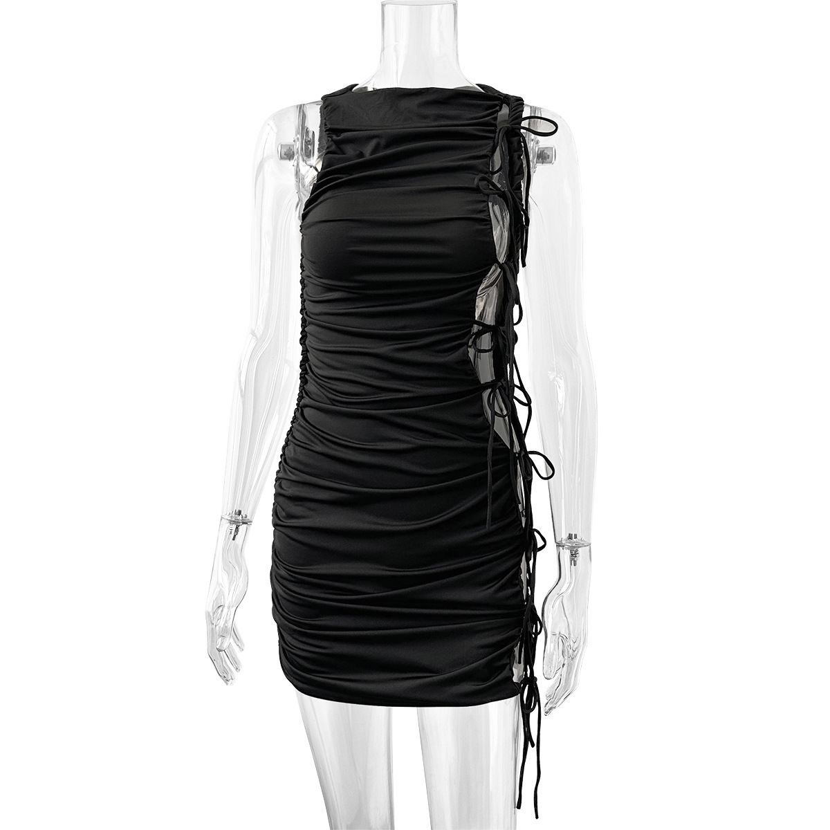2024 New Womens Round Neck Dress Summer Sexy Hollow Out Tie Ruched Bodycon Short Dress