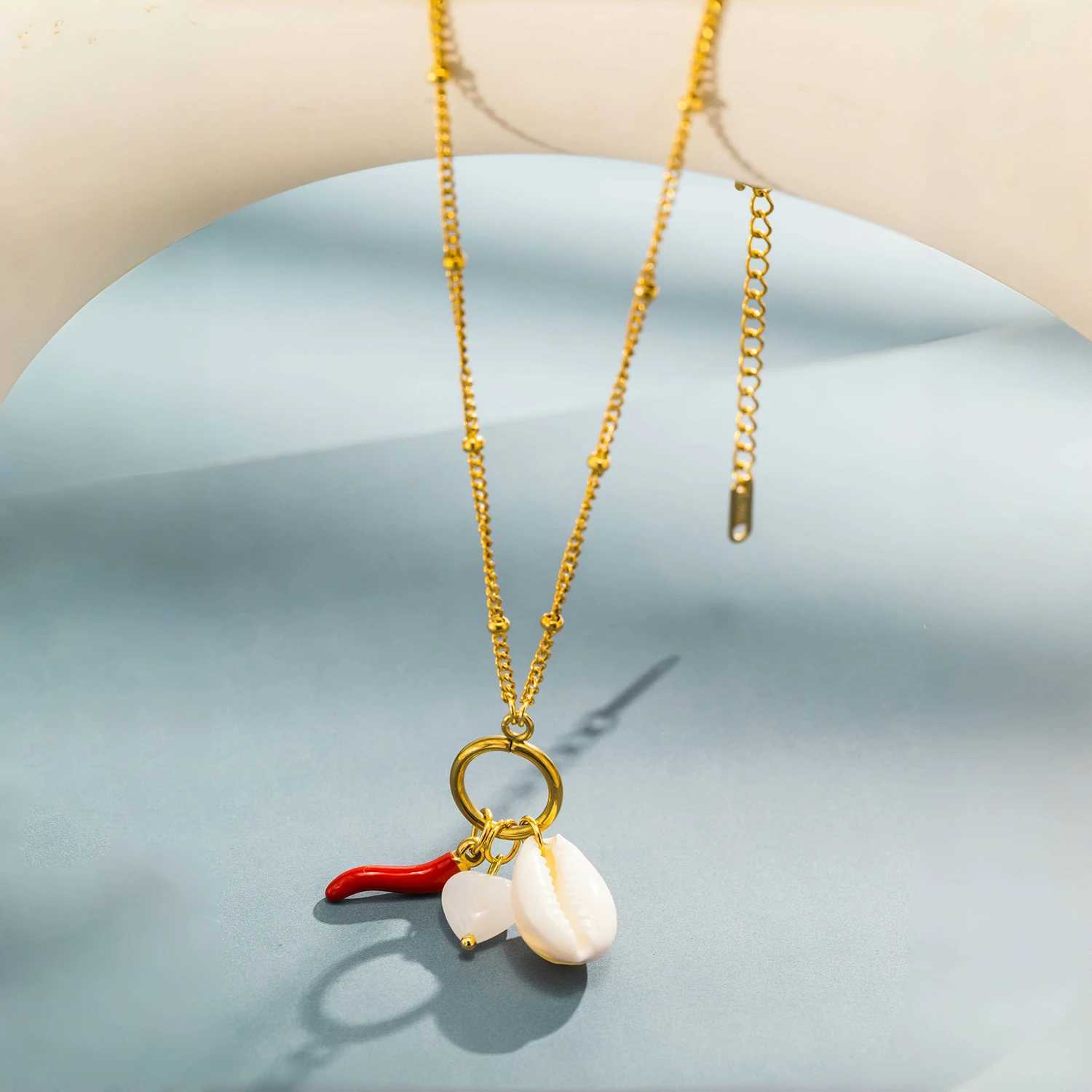 Red Chili Enamel Dangle Natural Stone Shell Pendant Fashion Gold Color Stainless Steel Chains Necklaces for Women Jewelry Gift W250618