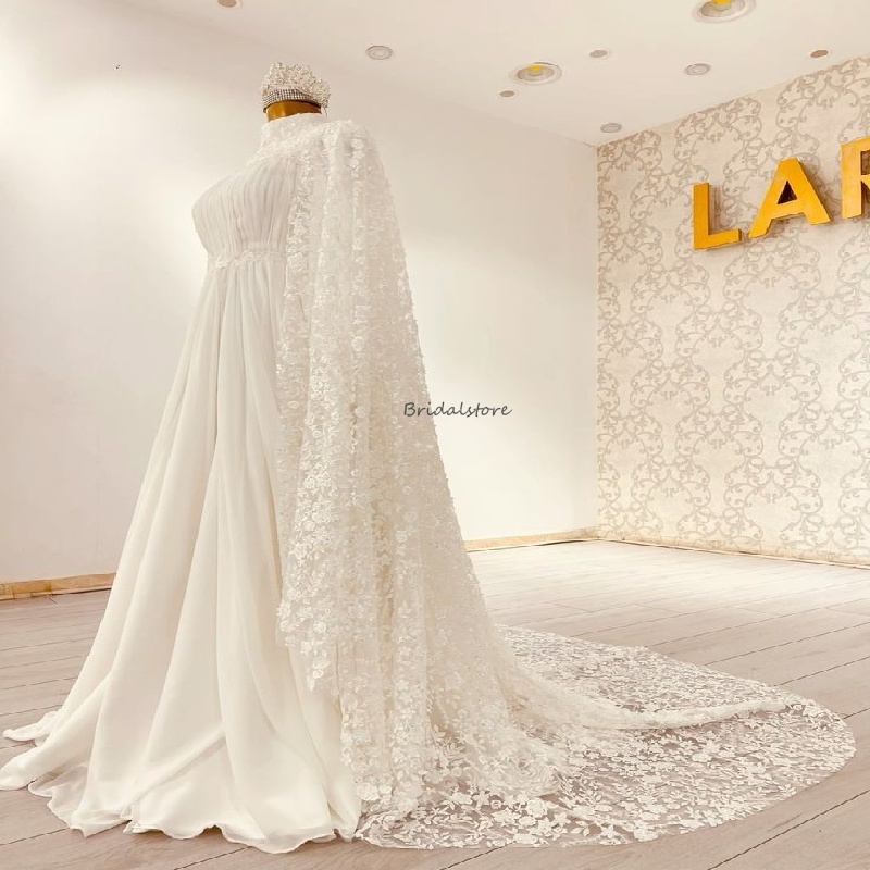Dubai Style Muslim Wedding Dress With Lace Cape Elegant Turkish Modest Islamic Bride Dess Long Sleeve Bohemian Bridal Gown 2025 Vestido De Noiva Casam