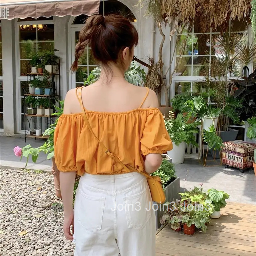 Womens Shirts and Blouses Open Back Top for Woman Linen Clothing Yellow Off Shoulder Chiffon with Sleeves Aesthetic M Youthful
