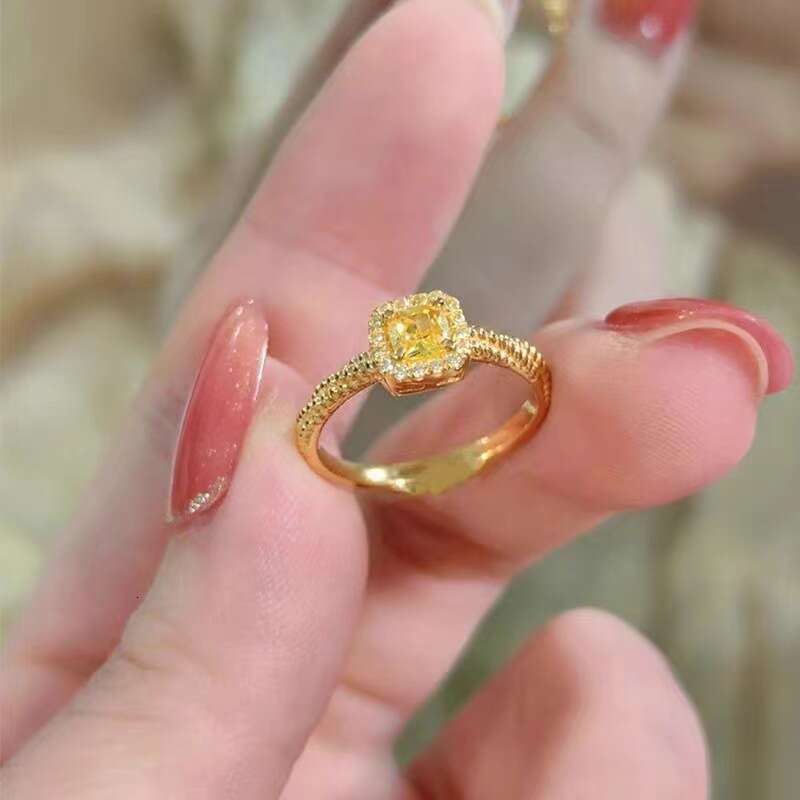 Same Small Sugar Cube Yellow Crystal Zircon Ring for Women Fairy Style Light Luxury Internet Celebrity Open Design