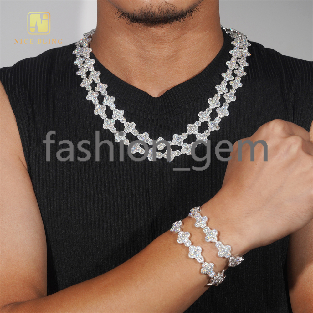 925 Silver Iced Out Moissanite Diamond Cuban Link Chain 13mm Hip Hop Jewelry Diamond Bracelet Necklace Men Women