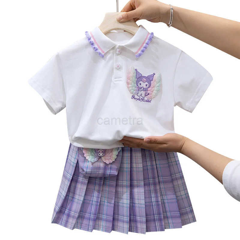 Sanrio Summer Kuromi Childrens Suit Academy Style Lapel Shirt Pleated Skirt 2Pcs Girl Sanrio Cartoon Kawaii Jk Uniform Birthday GiftXJ250618