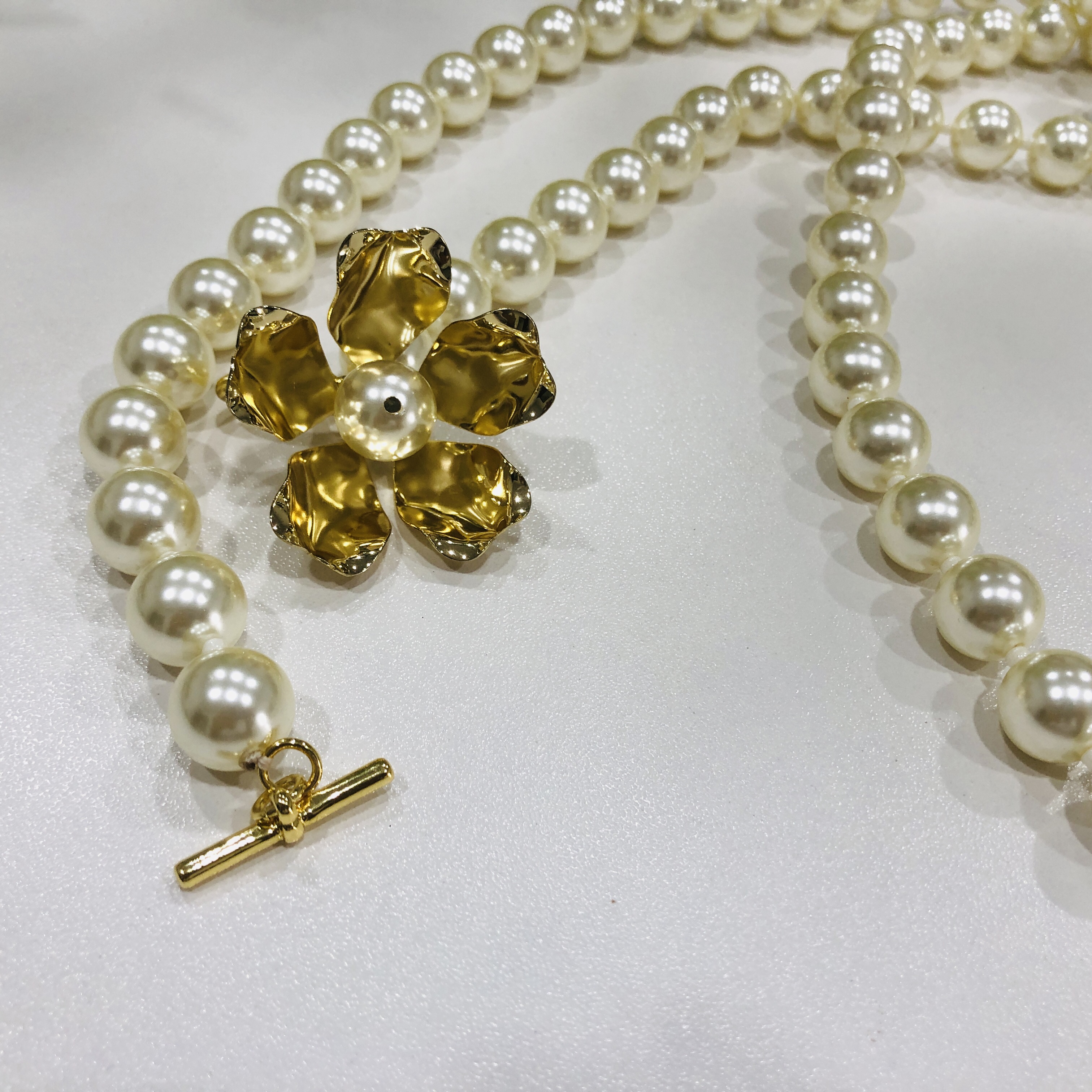 ADITA Long pearl necklace, 120cm, stainless steel metal flower, flowers can be adjusted to bloom. High quality necklace that never fades premium gifts