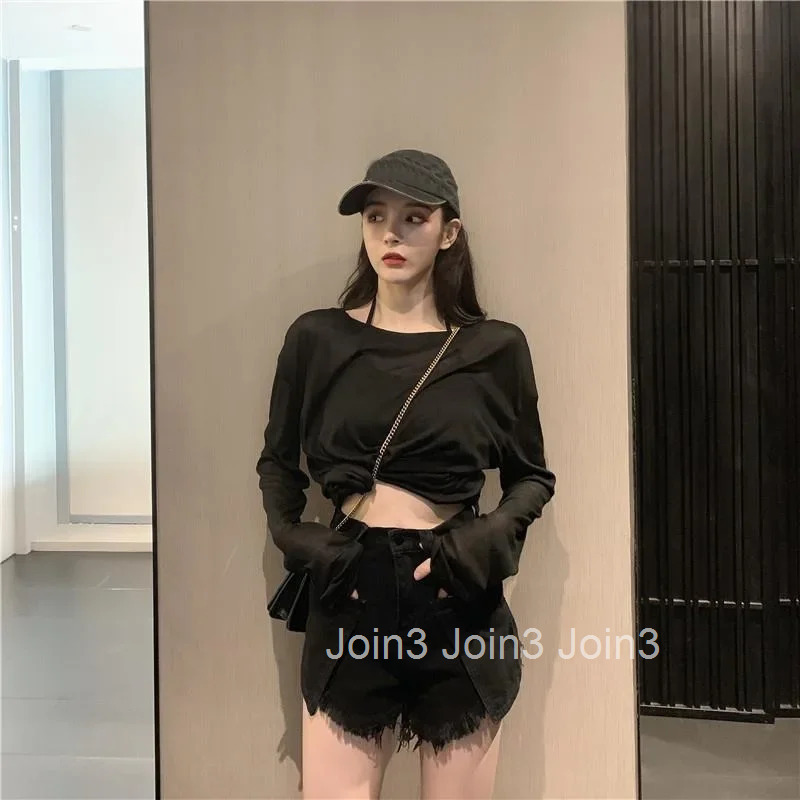 Plain Womens Long Sleeve T-shirt With Sleeves Cotton Top Female Trending Clothing 90s Vintage Y2k Korean Style Emo Kpop Basic